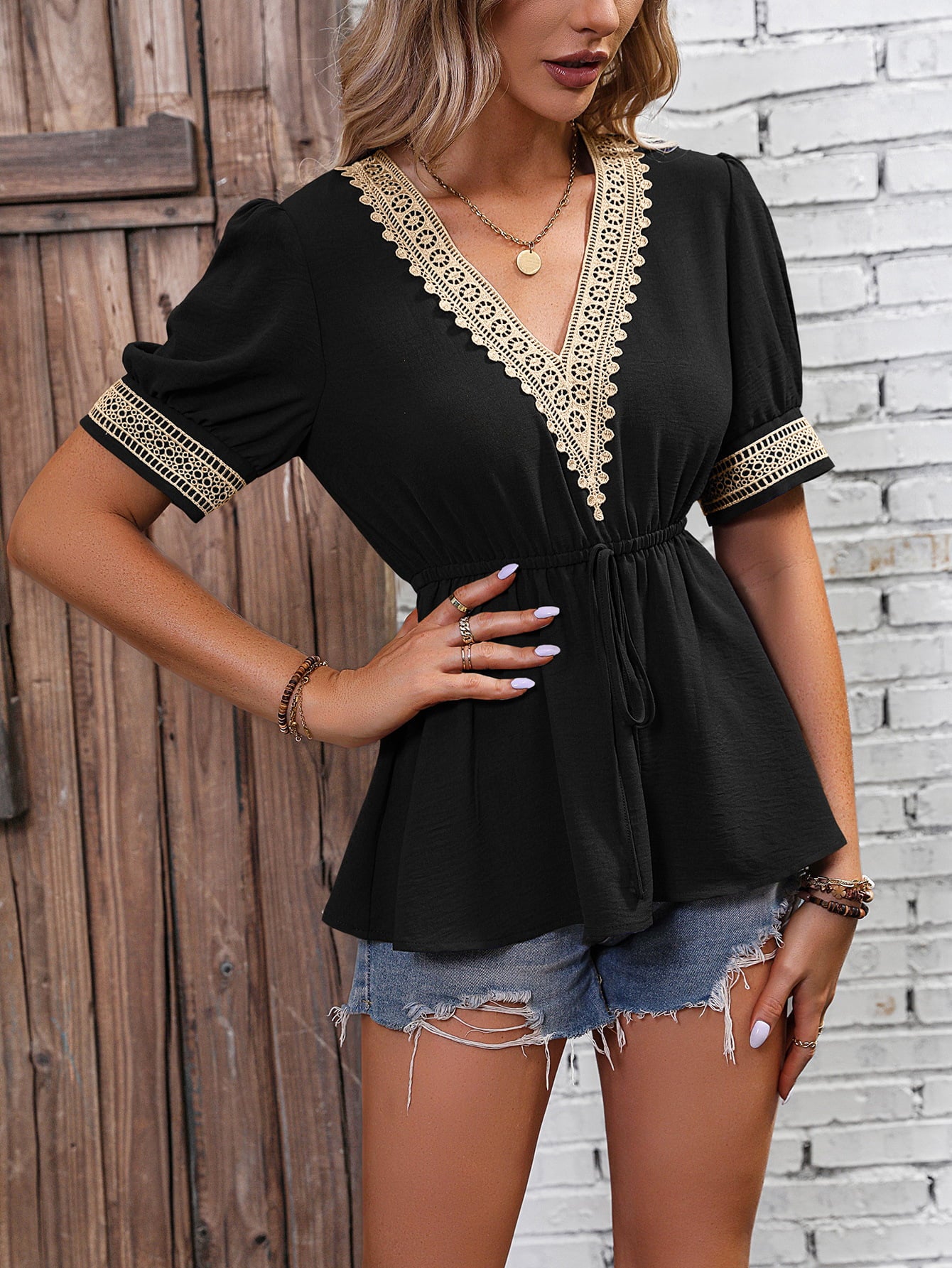 Contrast V-Neck Babydoll Top - MeraKy Vibes