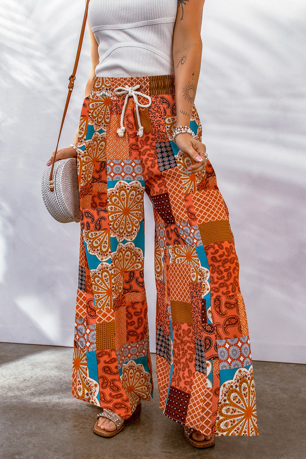 Bohemian Patchwork Drawstring Wide Leg Pants - MeraKy Vibes