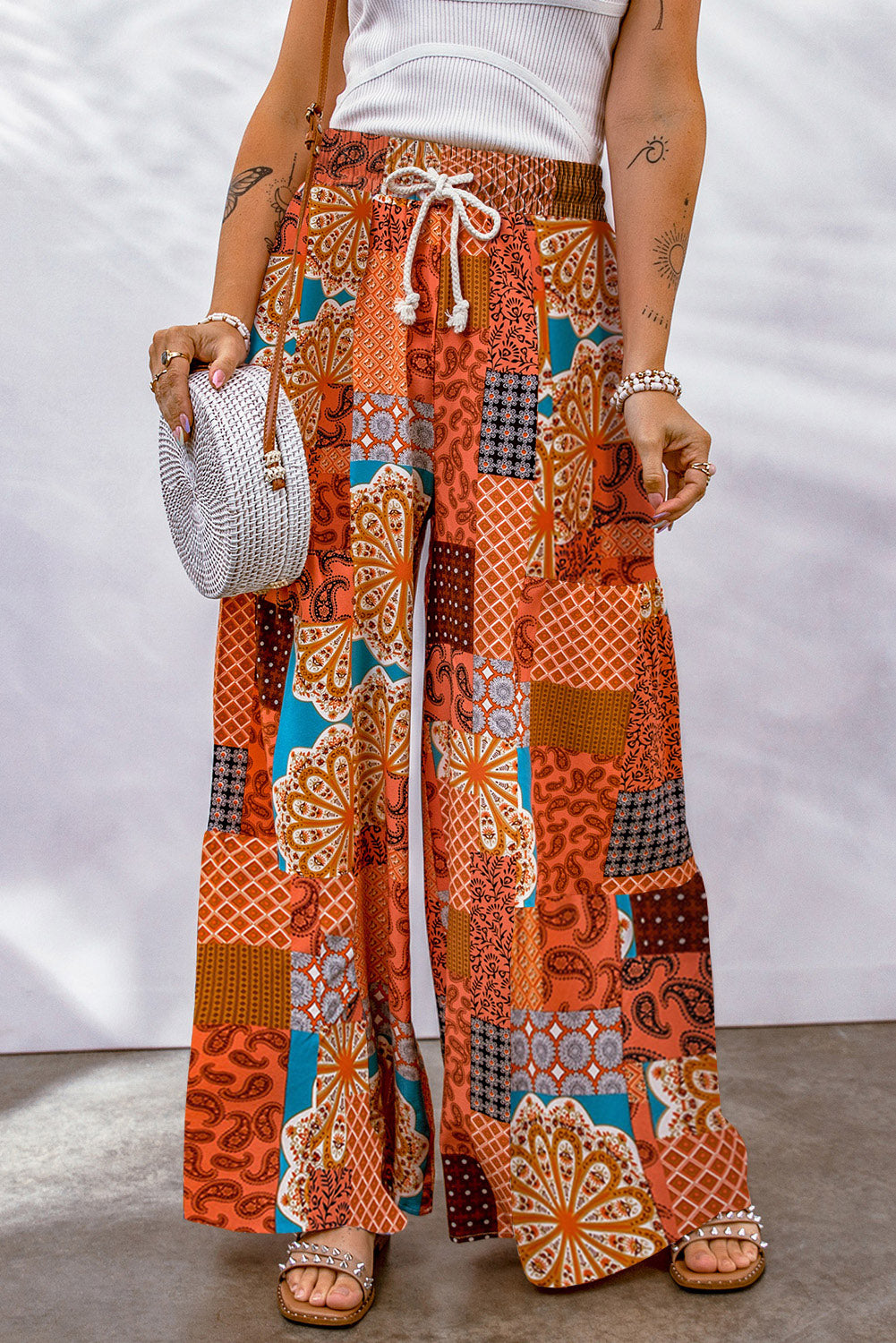 Bohemian Patchwork Drawstring Wide Leg Pants - MeraKy Vibes